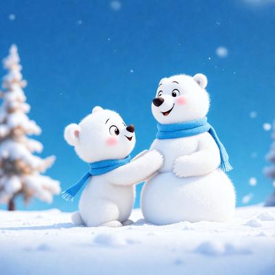 The image features two white teddy bears standing in the snow. One of the bears is wearing a blue scarf, adding a touch of color to the scene. The bears appear to be interacting with each other, possibly hugging or playing together. The snowy environment and the presence of the teddy bears create a cozy and playful atmosphere.
